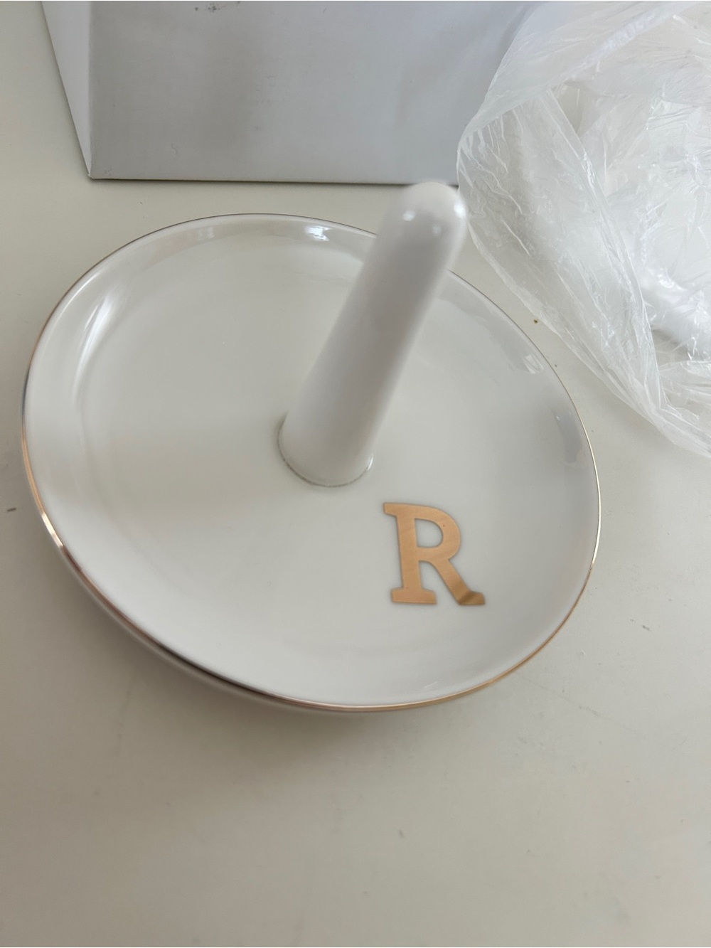 Monogram 'R' White Ceramic Ring Holder with Gold Accent